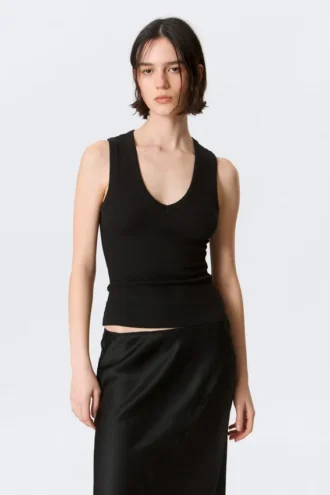 Ribbed V-Neck Tank Top – Black