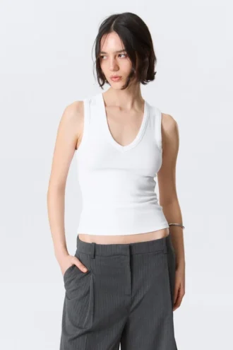 Ribbed V-Neck Tank Top – White
