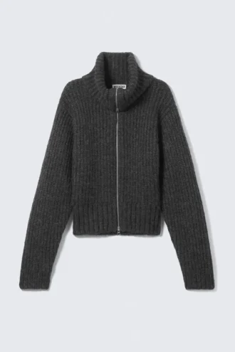 Ribbed Zip-Up Knit Cardigan – Dark Grey Melange