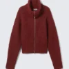 Ribbed Zip-Up Knit Cardigan – Dark Red Melange