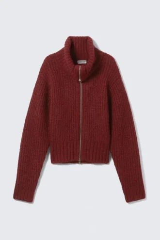 Ribbed Zip-Up Knit Cardigan – Dark Red Melange