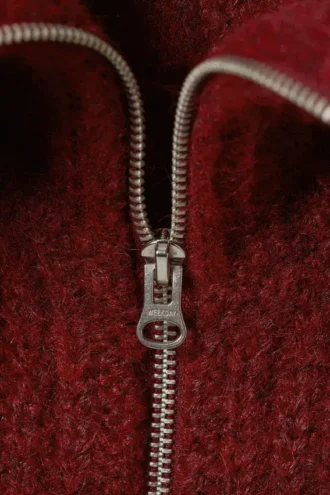 Ribbed Zip-Up Knit Cardigan – Dark Red Melange
