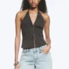 Ripstop Halter V-Neck Top – Dark Grey