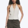 Ripstop Halter V-Neck Top – Light Beige