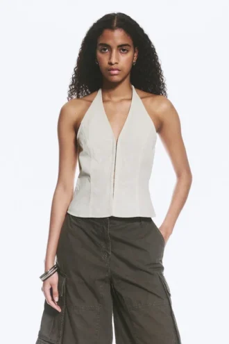 Ripstop Halter V-Neck Top – Light Beige