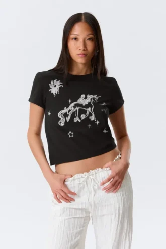 Rosabel Printed Baby Tee – Black – Unicorn