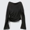 Ruched Boat-Neck Trumpet Sleeve Top – Black