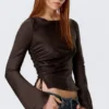 Ruched Boat-Neck Trumpet Sleeve Top – Dark Brown
