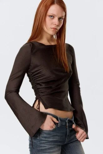 Ruched Boat-Neck Trumpet Sleeve Top – Dark Brown