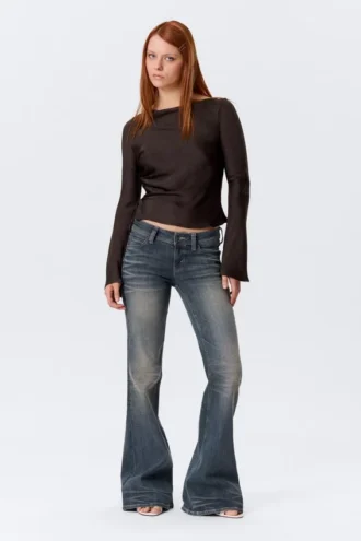 Ruched Boat-Neck Trumpet Sleeve Top – Dark Brown