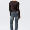 Ruched Boat-Neck Trumpet Sleeve Top – Dark Brown