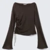 Ruched Boat-Neck Trumpet Sleeve Top – Dark Brown