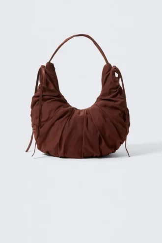 Ruched Crescent Shoulder Bag – Dark Brown