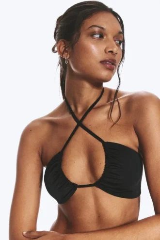 Ruched Halter Bandeau Bikini Top – Black