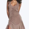 Ruched Halter Mini Dress – Washed Brown