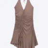 Ruched Halter Mini Dress – Washed Brown