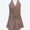 Ruched Halter Mini Dress – Washed Brown