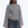 Ruched Long-Sleeved T-Shirt – Black/Grey Stripe