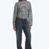 Ruched Long-Sleeved T-Shirt – Black/Grey Stripe