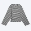 Ruched Long-Sleeved T-Shirt – Black/Grey Stripe