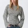Ruched Long-Sleeved T-Shirt – Striped Grey Melange