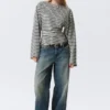 Ruched Long-Sleeved T-Shirt – Striped Grey Melange