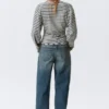 Ruched Long-Sleeved T-Shirt – Striped Grey Melange