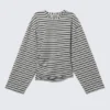 Ruched Long-Sleeved T-Shirt – Striped Grey Melange