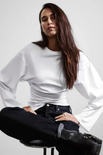 Ruched Long-Sleeved T-Shirt – White