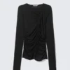 Ruched Long-Sleeved Top – Black