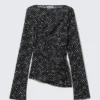 Ruched Printed Mesh Top – Black Polka Dots