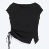 Ruched Short-Sleeved Top – Black