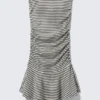 Ruched Tube Mini Dress – White & Dark Mole Stripe