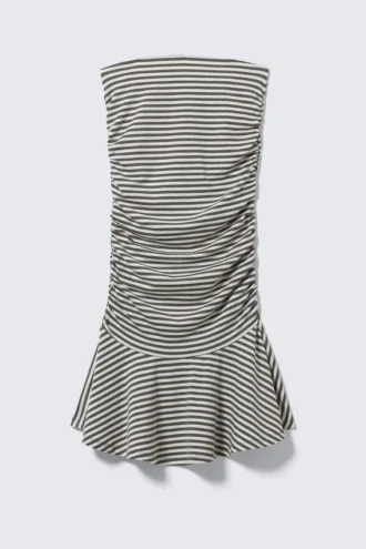 Ruched Tube Mini Dress – White & Dark Mole Stripe