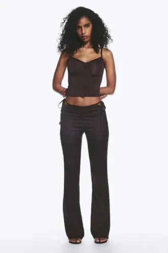 Satin Cut-Out Flared Trousers – Dark Brown
