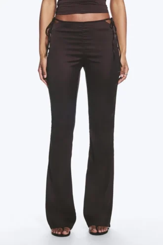 Satin Cut-Out Flared Trousers – Dark Brown