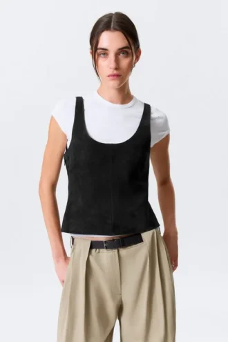 Scooped Leather Tank Top – Black