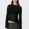 Sheer Asymmetric Boat-Neck Top – Black