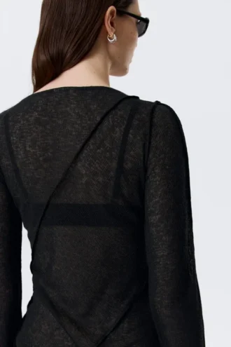 Sheer Asymmetric Boat-Neck Top – Black