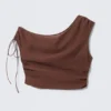 Sheer Asymmetric Drawstring Top – Brown
