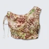 Sheer Asymmetric Drawstring Top – Brown & Green Floral Dots