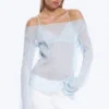 Sheer Boat-Neck Flared Sleeve Blouse – Light Dusty Blue