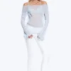 Sheer Boat-Neck Flared Sleeve Blouse – Light Dusty Blue
