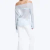 Sheer Boat-Neck Flared Sleeve Blouse – Light Dusty Blue