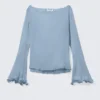 Sheer Boat-Neck Flared Sleeve Blouse – Light Dusty Blue