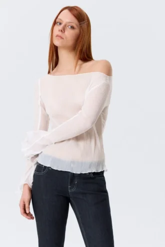 Sheer Boat-Neck Flared Sleeve Blouse – White