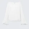 Sheer Boat-Neck Flared Sleeve Blouse – White