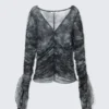 Sheer Gathered Mesh Top – Black Baroque Print
