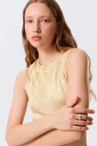 Sheer Knitted Sequined Mini Dress – Golden Beige