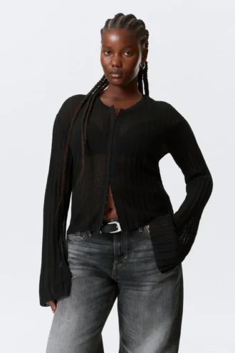 Sheer Linen-Blend Cardigan – Black